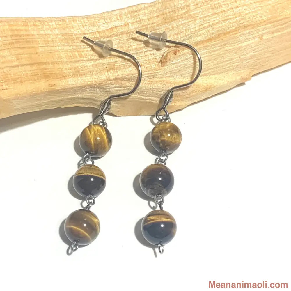 Paire de boucles d'oreilles en acier inoxydable argenté avec pierre naturelle Œil de Tigre, posées sur un bâton de Palo Santo