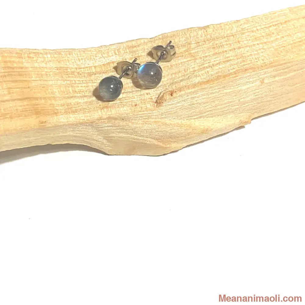 Paire de boucles d'oreilles en acier inoxydable argenté avec pierre naturelle Labradorite, posées sur un bâton de Palo Santo