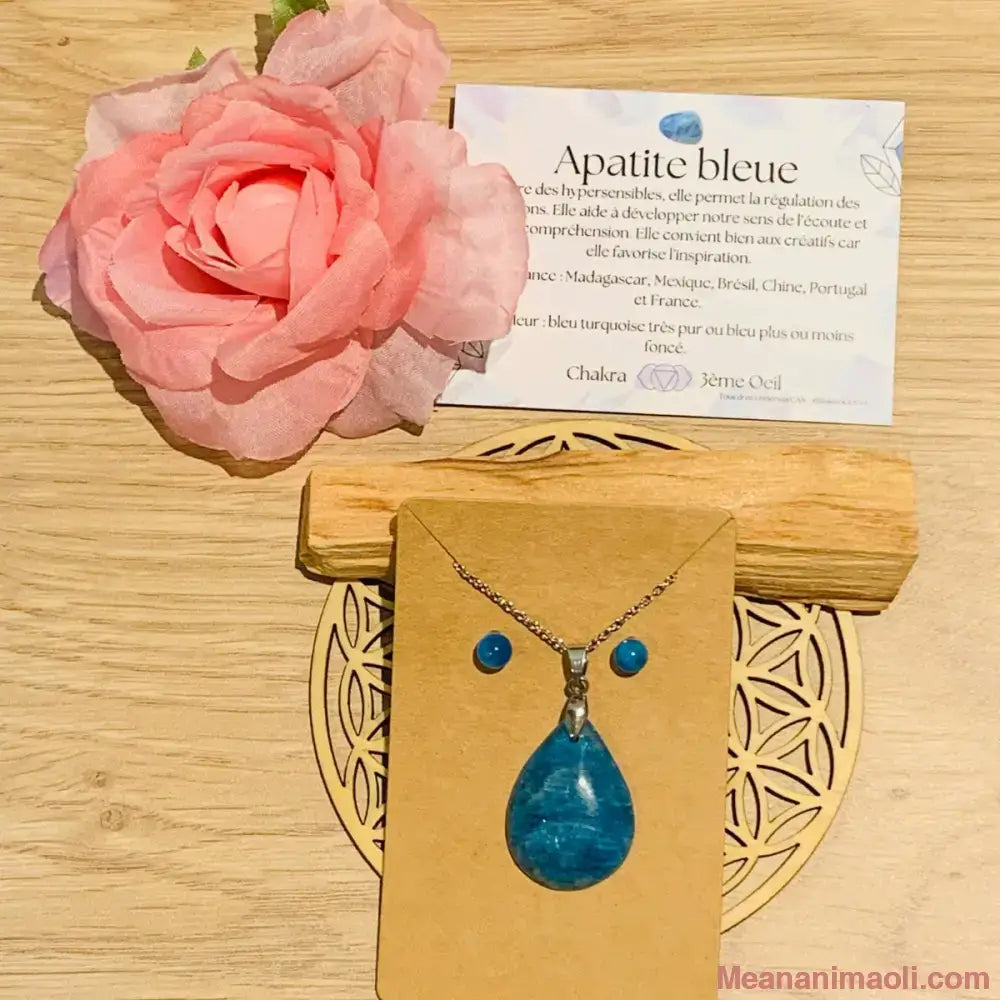 Box cadeau Apatite avec parure bijoux acier inoxydable (collier et puces d'oreilles), Fleur de Vie et Palo Santo.