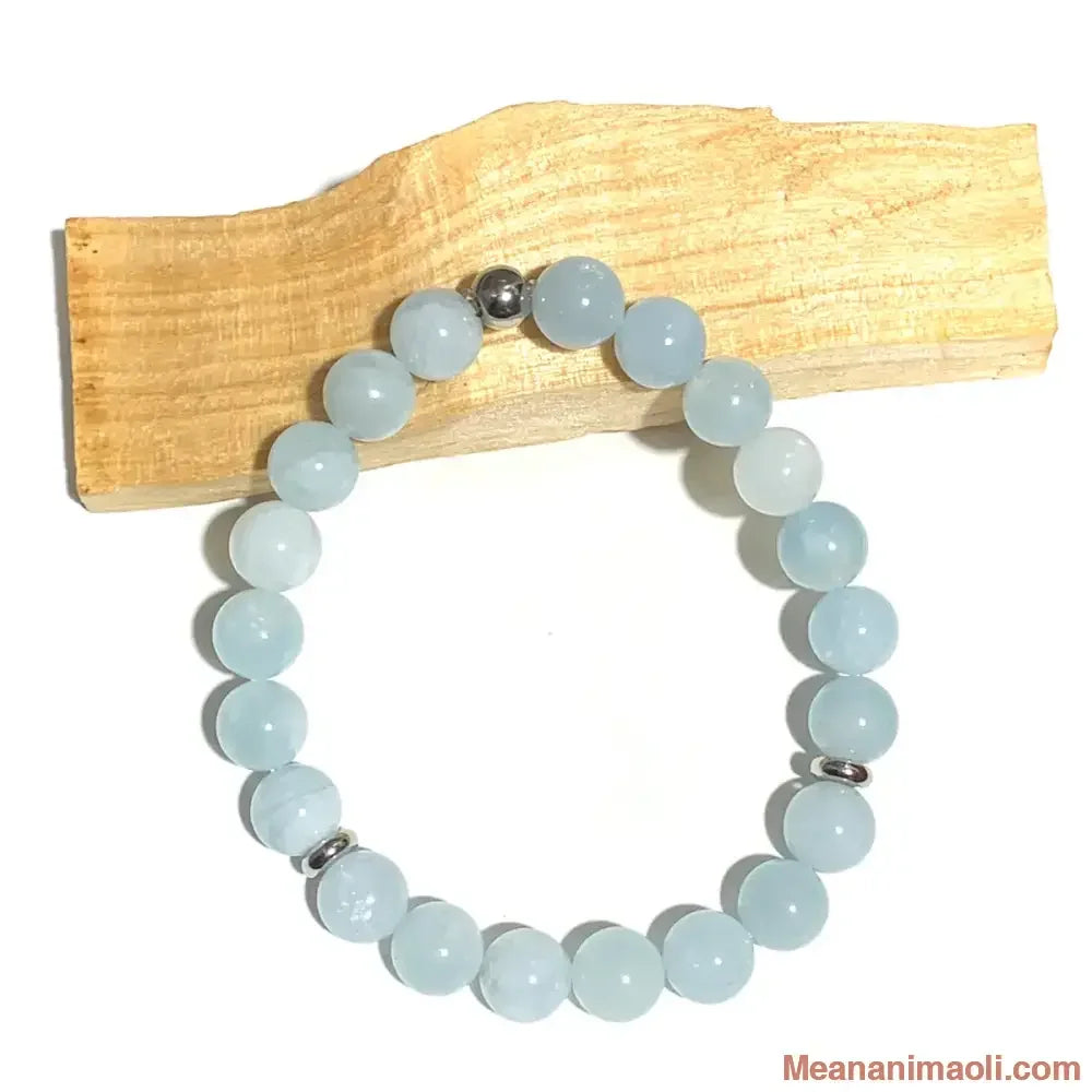 Bracelet Aigue Marine en pierre naturelle 8mm pour lithothérapie avec séparateurs en acier inoxydable argenté.