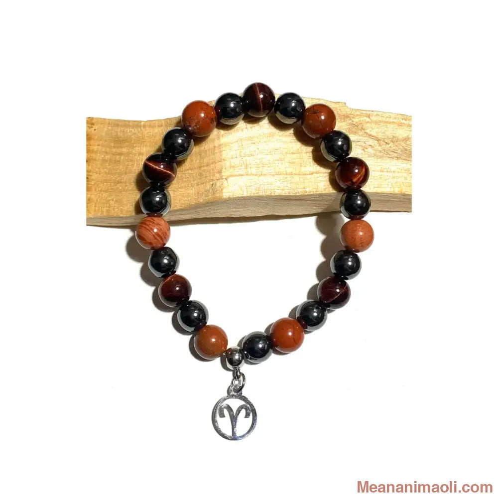 Bracelet Bélier en pierres naturelles Jaspe Rouge Hématite Œil de Taureau 8mm avec breloque signe Bélier acier inoxydable argenté