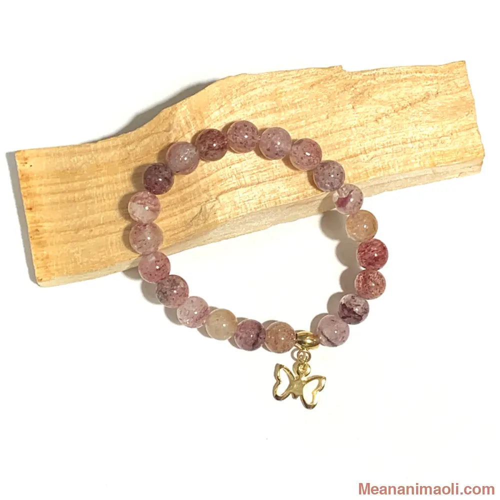 Bracelet enfant en quartz fraise avec papillon – pierre de tendresse et de joie