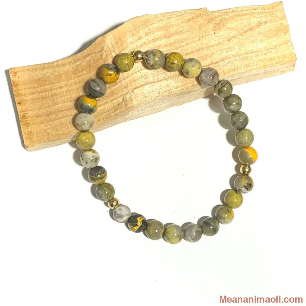 Bracelet en Jaspe Bumblebee 6mm, perles acier inoxydable doré.