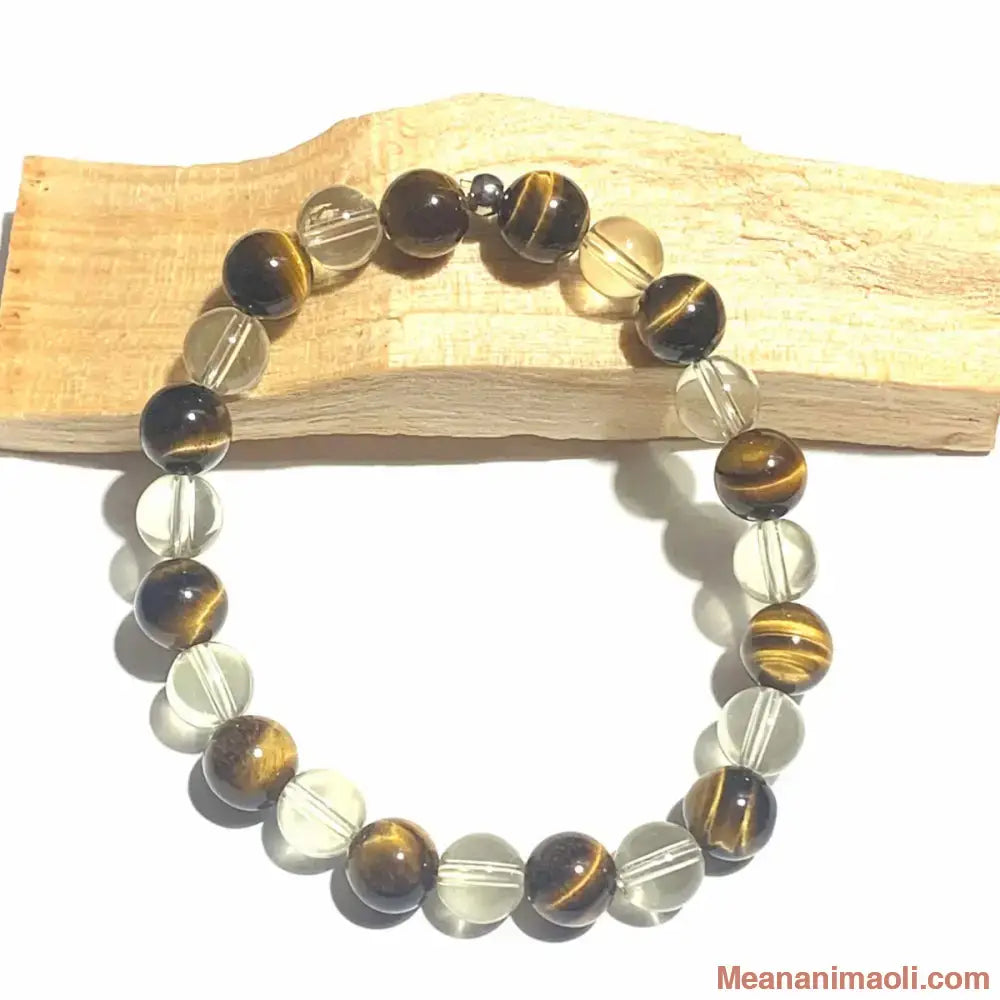 Bracelet Œil de Tigre et Citrine en pierre naturelle 8 mm pour lithothérapie avec séparateur en acier inoxydable argenté.