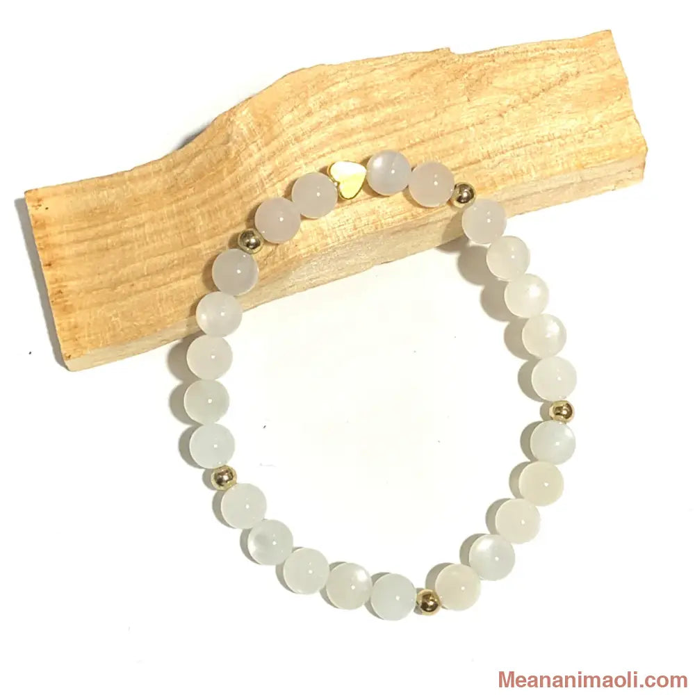 Bracelet en Pierre de Lune Blanche 6mm et Cœur acier inoxydable doré.