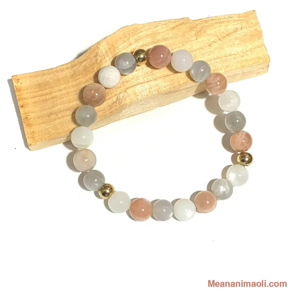 Bracelet pierre de lune multicolore 8 mm en pierres naturelles pour lithothérapie avec perles acier doré.