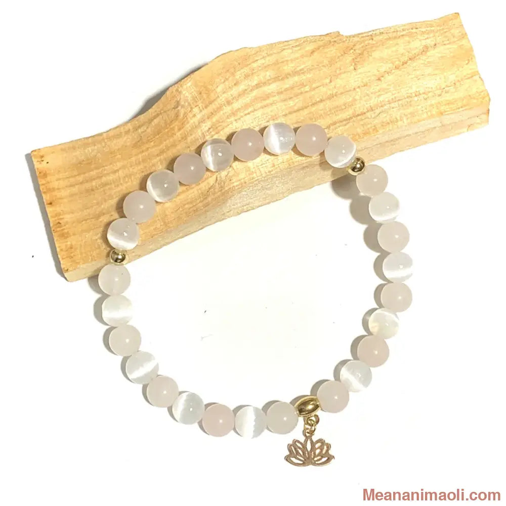 Bracelet en Quartz Rose et Sélénite 6mm, breloque Fleur de Lotus acier inoxydable doré.