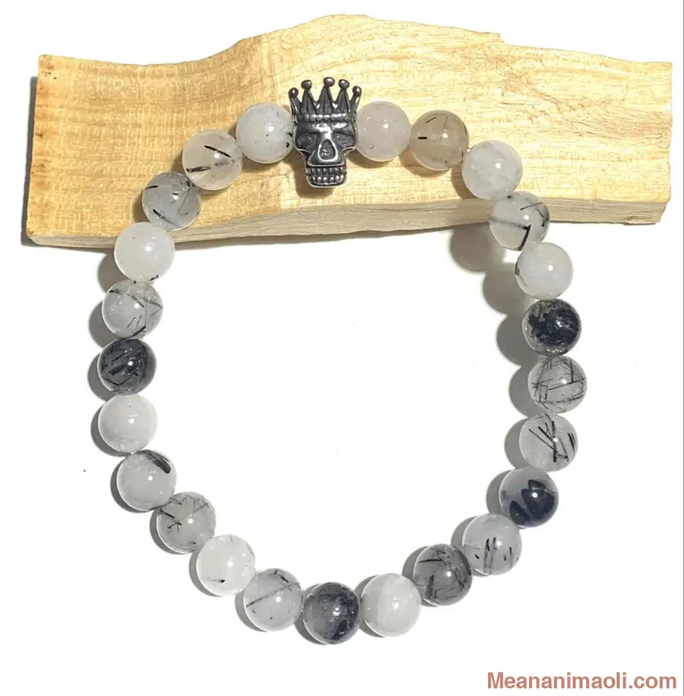 bracelet quartz tourmaline 8mm en pierres naturelles pour lithothérapie, tête de mort acier argenté.