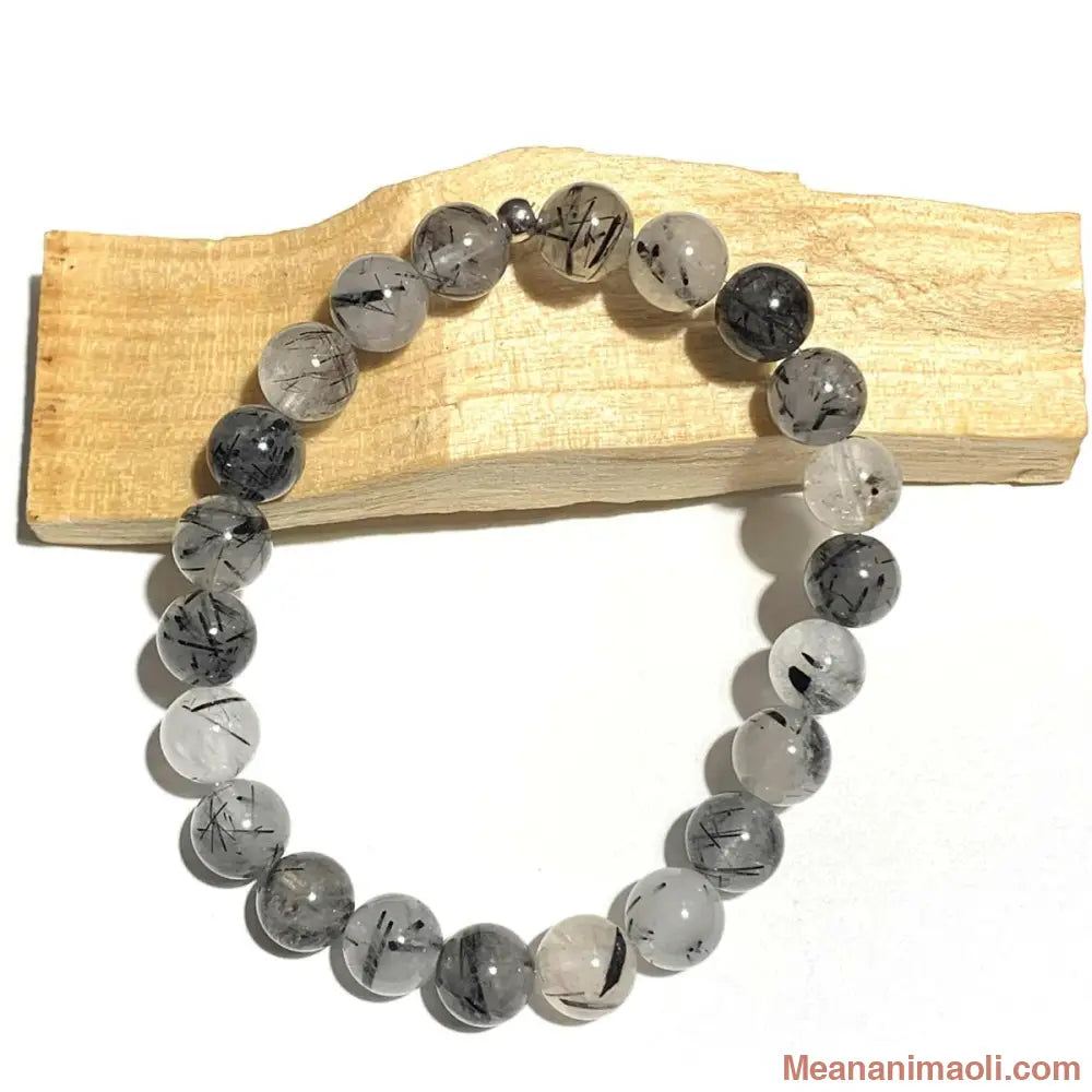 Bracelet Quartz Tourmaline 8mm en pierres naturelles pour la lithothérapie, avec une perle en acier argenté.