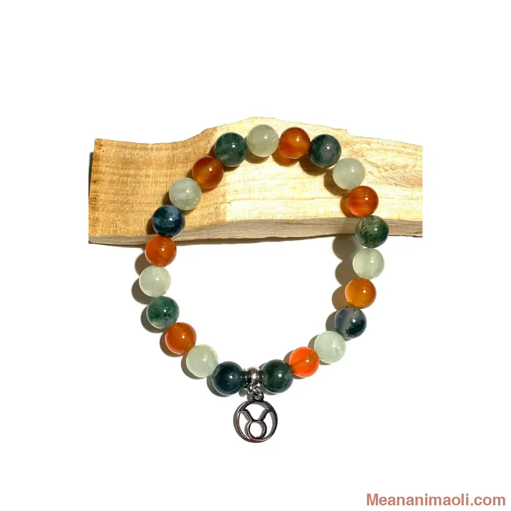 Bracelet Taureau en pierres naturelles Agate Mousse Préhnite Cornaline 8mm avec breloque signe Taureau acier inoxydable argenté
