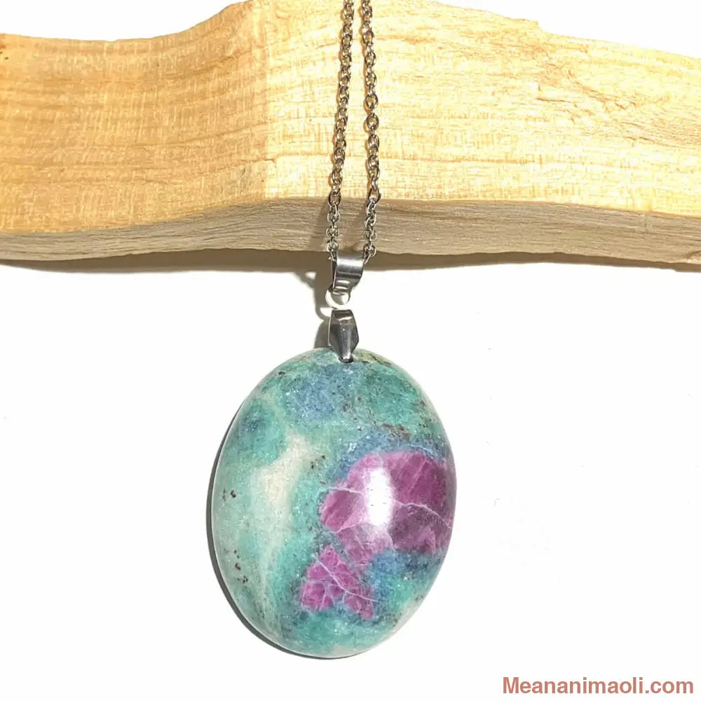 Collier chaîne acier inoxydable avec pendentif rubis sur fuschite naturelle