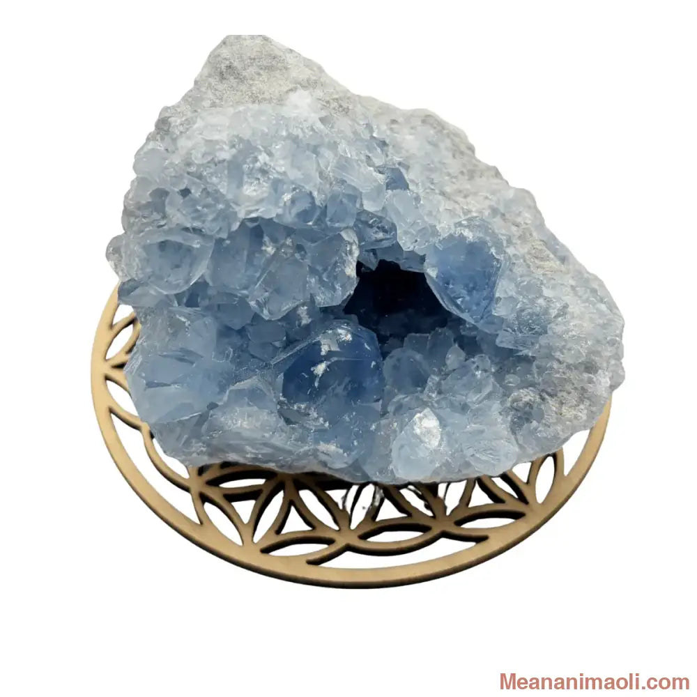 Druse de célestine naturelle 490g cristaux bleus pour sommeil paisible - posée sur une fleur de vie en bois