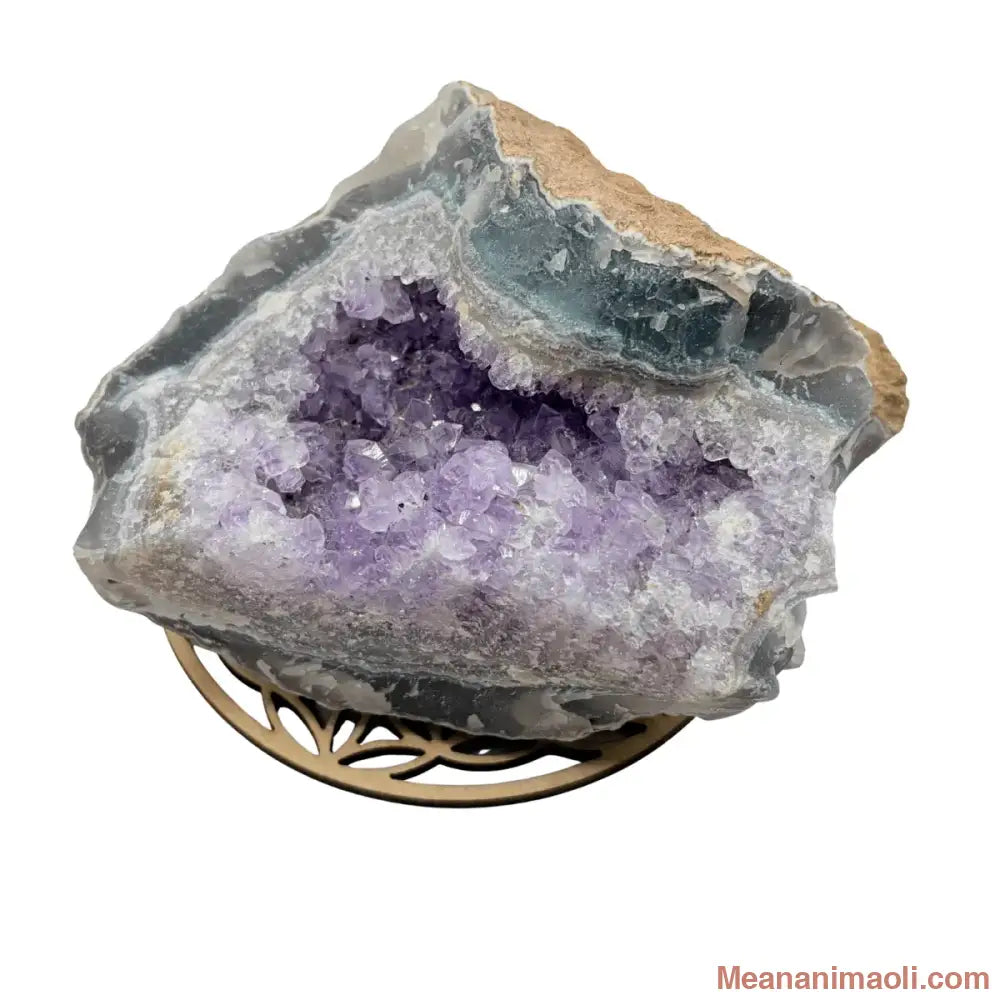 Géode d'améthyste naturelle 680g cristaux violets pour lithothérapie - posée sur une fleur de vie en bois