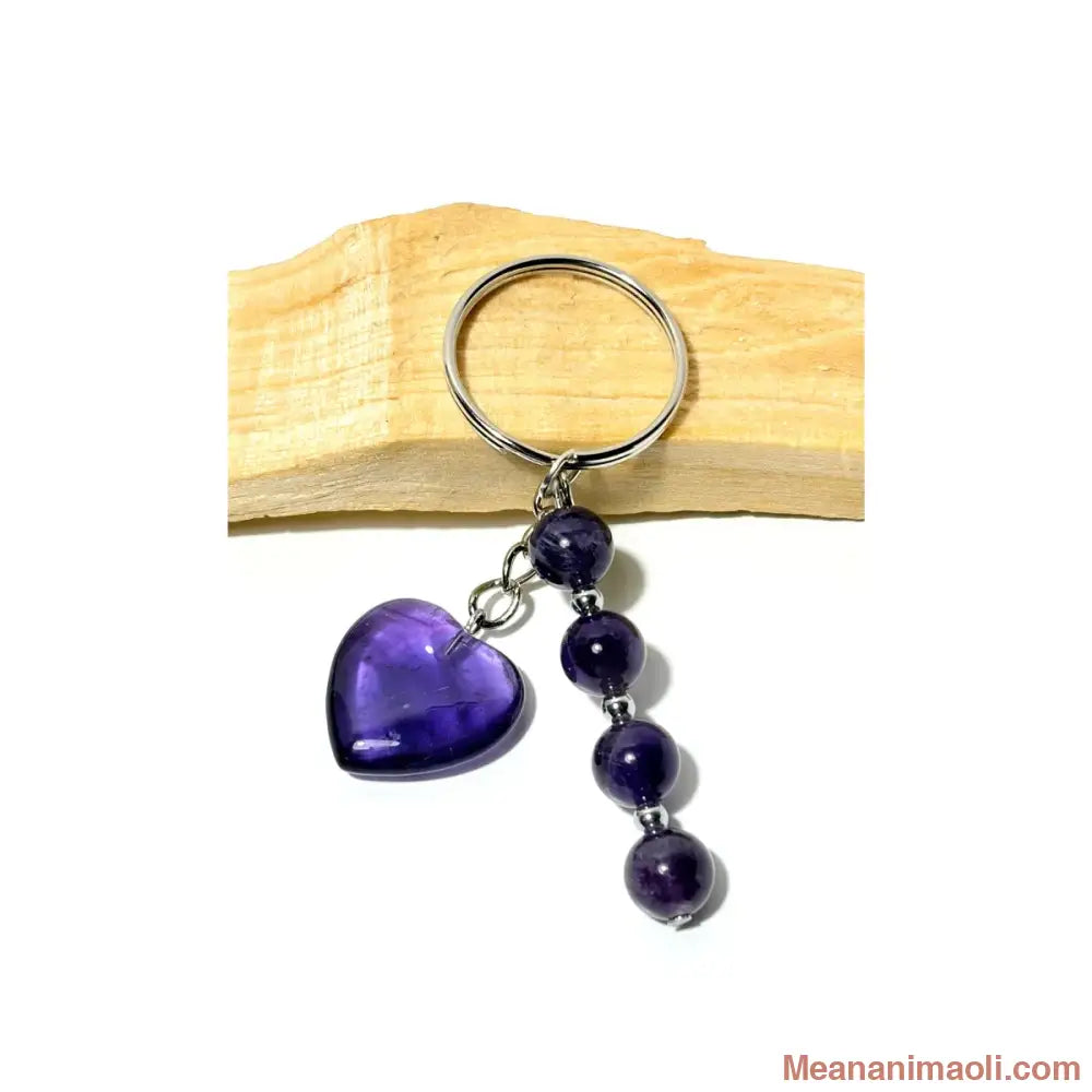 Porte-clé argenté avec quatre perles 8 mm et un cœur en Améthyste naturelle violette sur bois de Palo Santo - MEANANIMAOLI