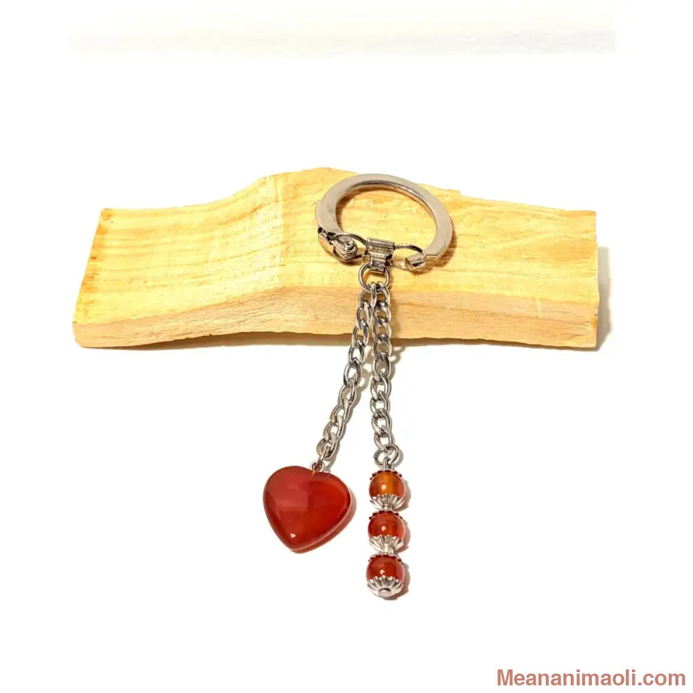 Porte-clé avec cœur et perles 6 mm en Cornaline et fleurs argentées sur bois de Palo Santo - MEANANIMAOLI