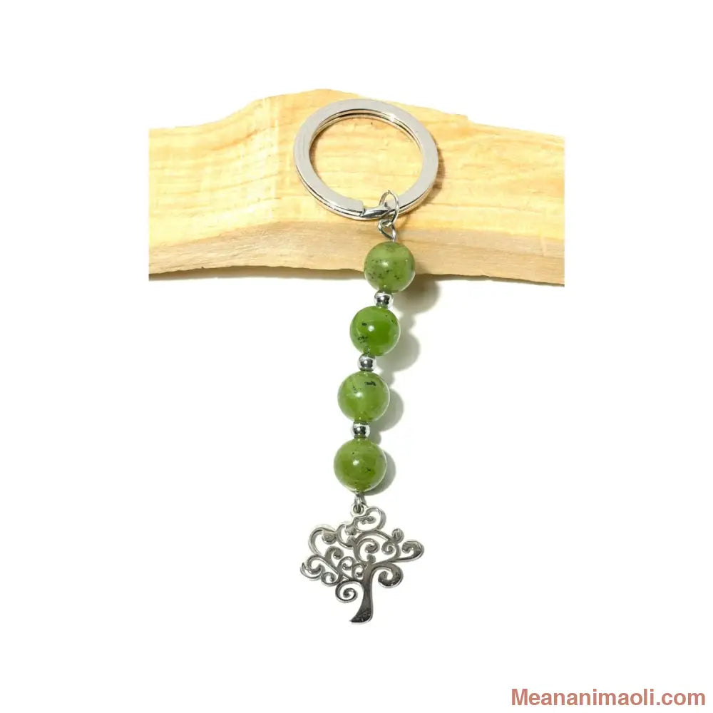 Porte-clé argenté avec quatre perles 8 mm en Jade Vert et une breloque Arbre de vie en acier inoxydable sur bois de Palo Santo - MEANANIMAOLI
