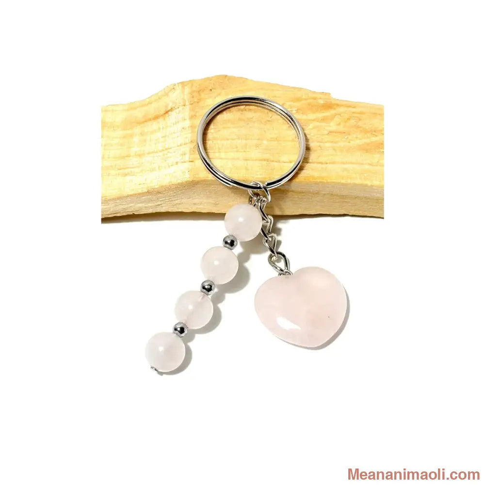 Porte-clé argenté avec quatre perles 8 mm et un cœur en Quartz Rose naturel rose sur bois de Palo Santo - MEANANIMAOLI