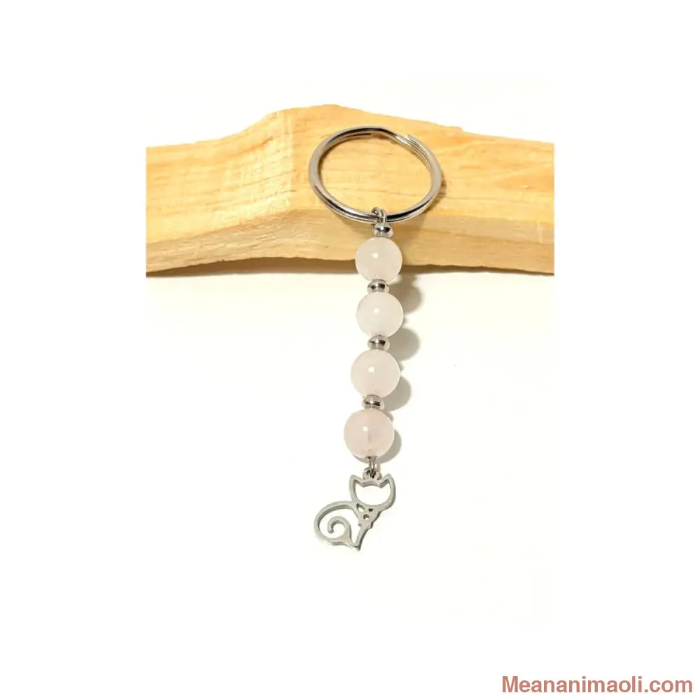 Porte-clé avec perles en Quartz Rose naturel et breloque chat en acier inoxydable sur bois de Palo Santo - MEANANIMAOLI