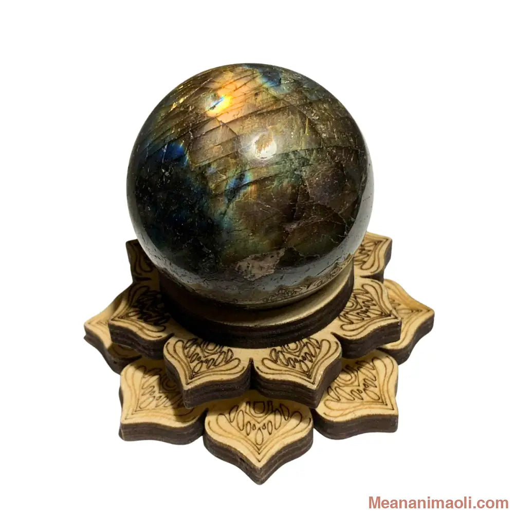 Sphère en labradorite naturelle 165 g avec support lotus en bois – pierre de protection et d’énergie positive en lithothérapie