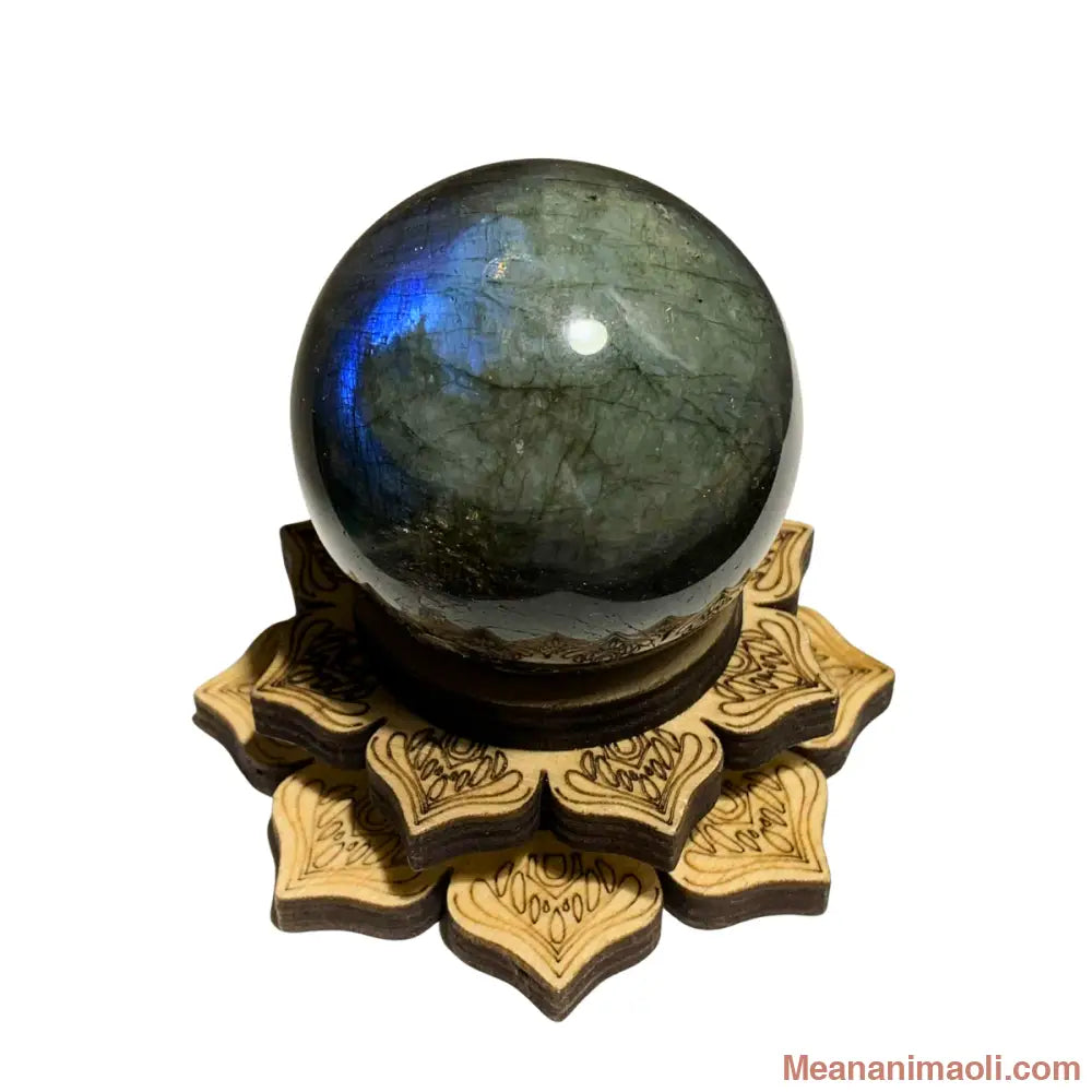 Sphère en labradorite naturelle 180 g avec support lotus en bois – pierre de protection et d’intuition en lithothérapie