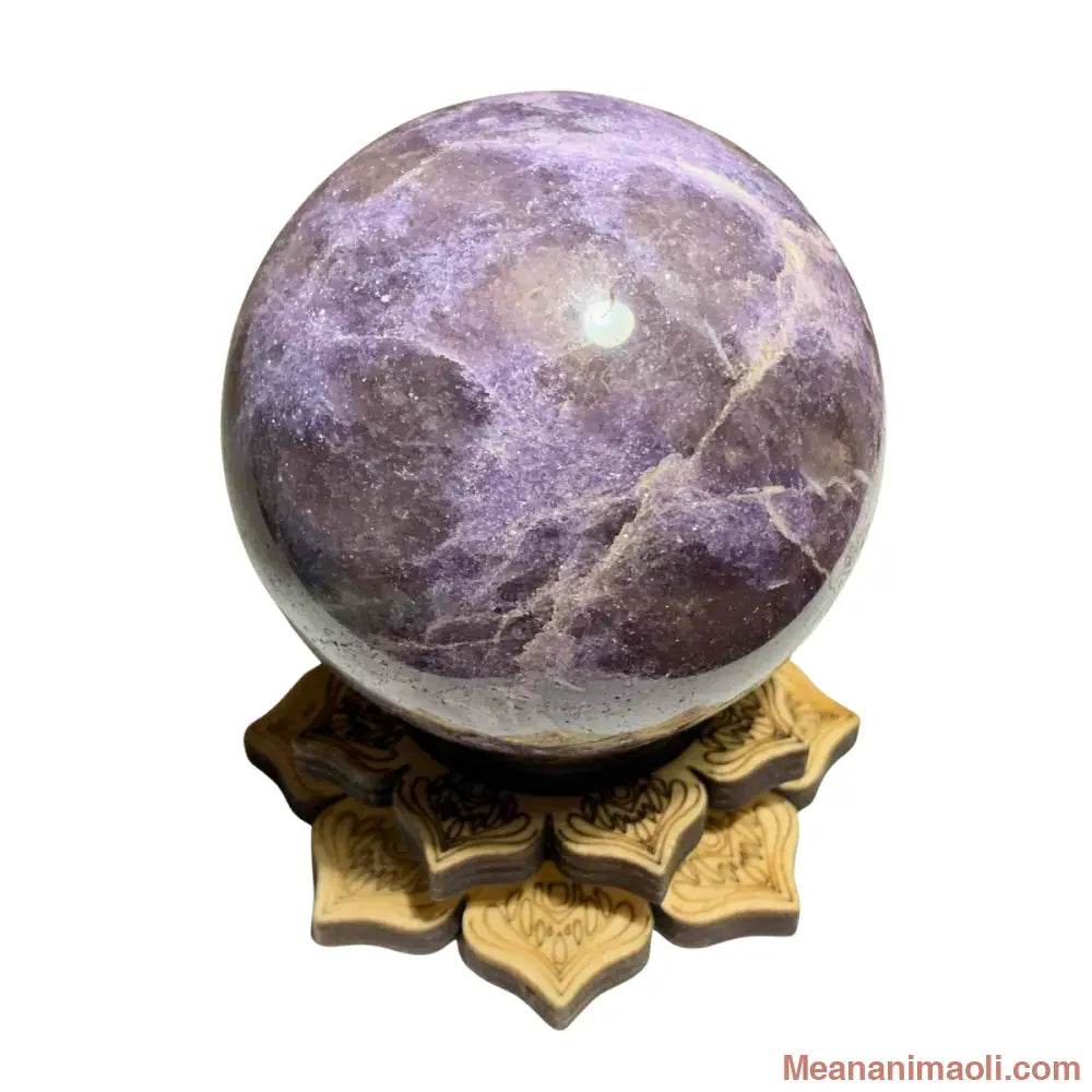 Sphère en lépidolite naturelle 490 g avec support lotus en bois – pierre de sérénité et d’apaisement en lithothérapie