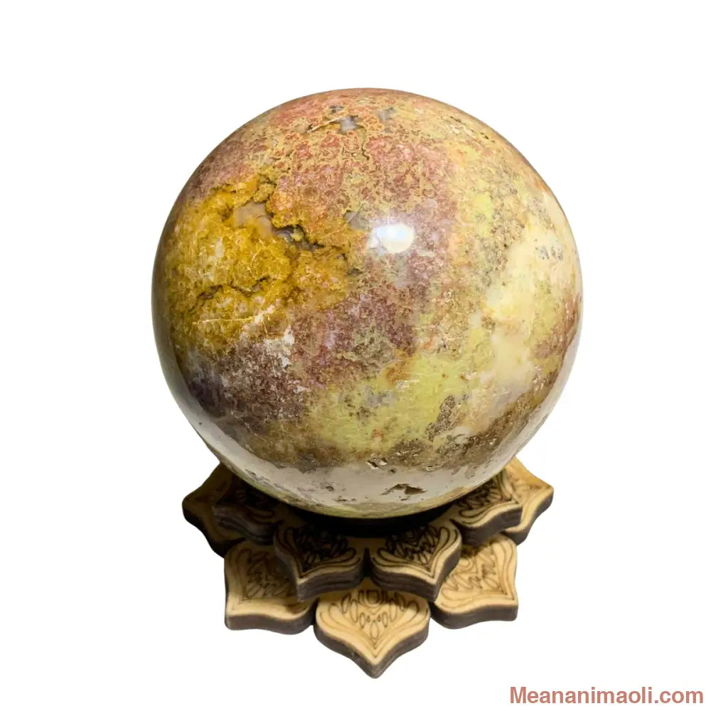 Sphère en opale verte naturelle 480 g avec inclusions de rhodonite – équilibre émotionnel et apaisement – support lotus en bois