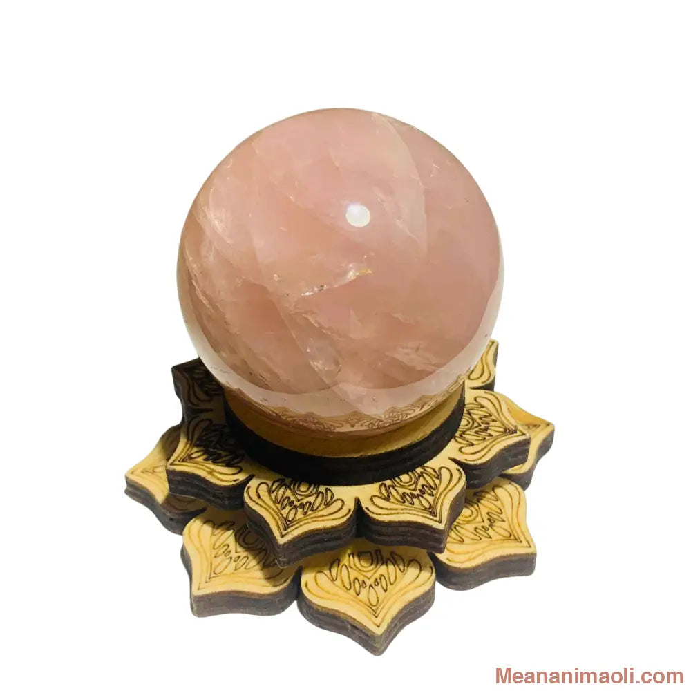 Sphère en quartz rose naturelle 190 g avec support lotus en bois – pierre d’amour et de douceur en lithothérapie