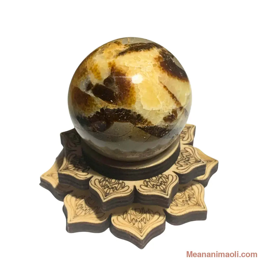 Sphère en septaria naturelle 160 g avec support lotus en bois – pierre d’ancrage et d’équilibre en lithothérapie