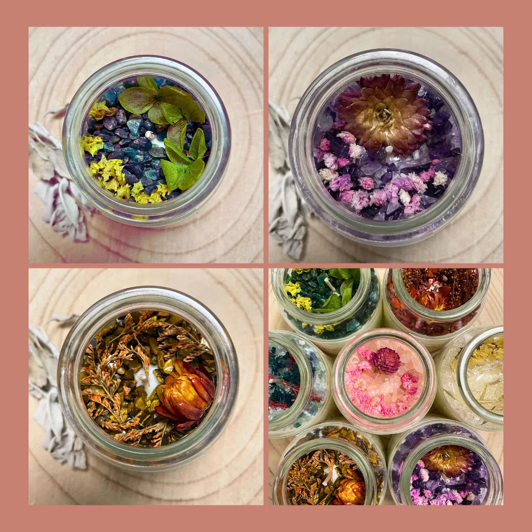 Bougies parfumées artisanales avec cire de soja, pierres naturelles et parfums de Grasse, pour la lithothérapie.