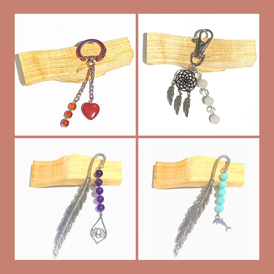 Marque-pages et porte-clés artisanaux en pierres naturelles, parfaits pour apporter énergie et bien-être.