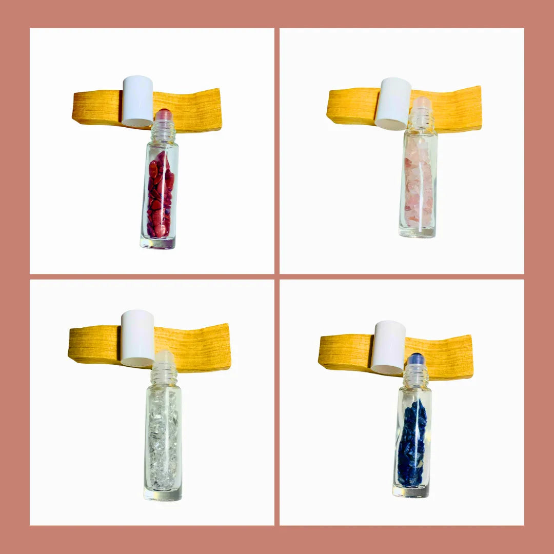 Roll-ons de synergie aux huiles végétales et essentielles avec billes en pierres naturelles
