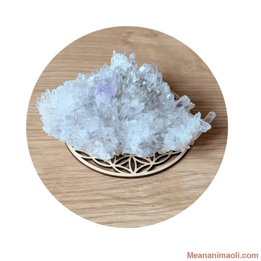 Amas de Cristal de Roche naturel de 370g avec une légère pointe d'Améthyste violette, posé sur une fleur de vie  en bois, idéal pour recharger les pierres et décorer son intérieur, MEANANIMAOLI.