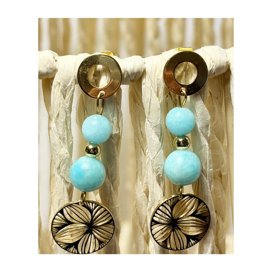 Boucles d'oreilles pendantes en acier inoxydable doré avec perles d'Amazonite naturelle bleu lagon et puces d'oreilles rondes, une création MEANANIMAOLI.