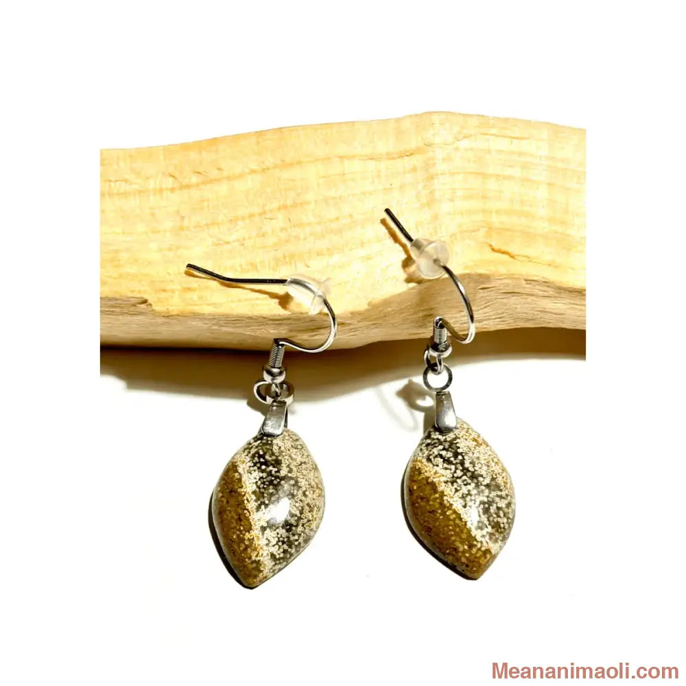 Boucles d'oreilles pendantes artisanales en Jaspe Océan naturel et acier inoxydable, marque MEANANIMAOLI.