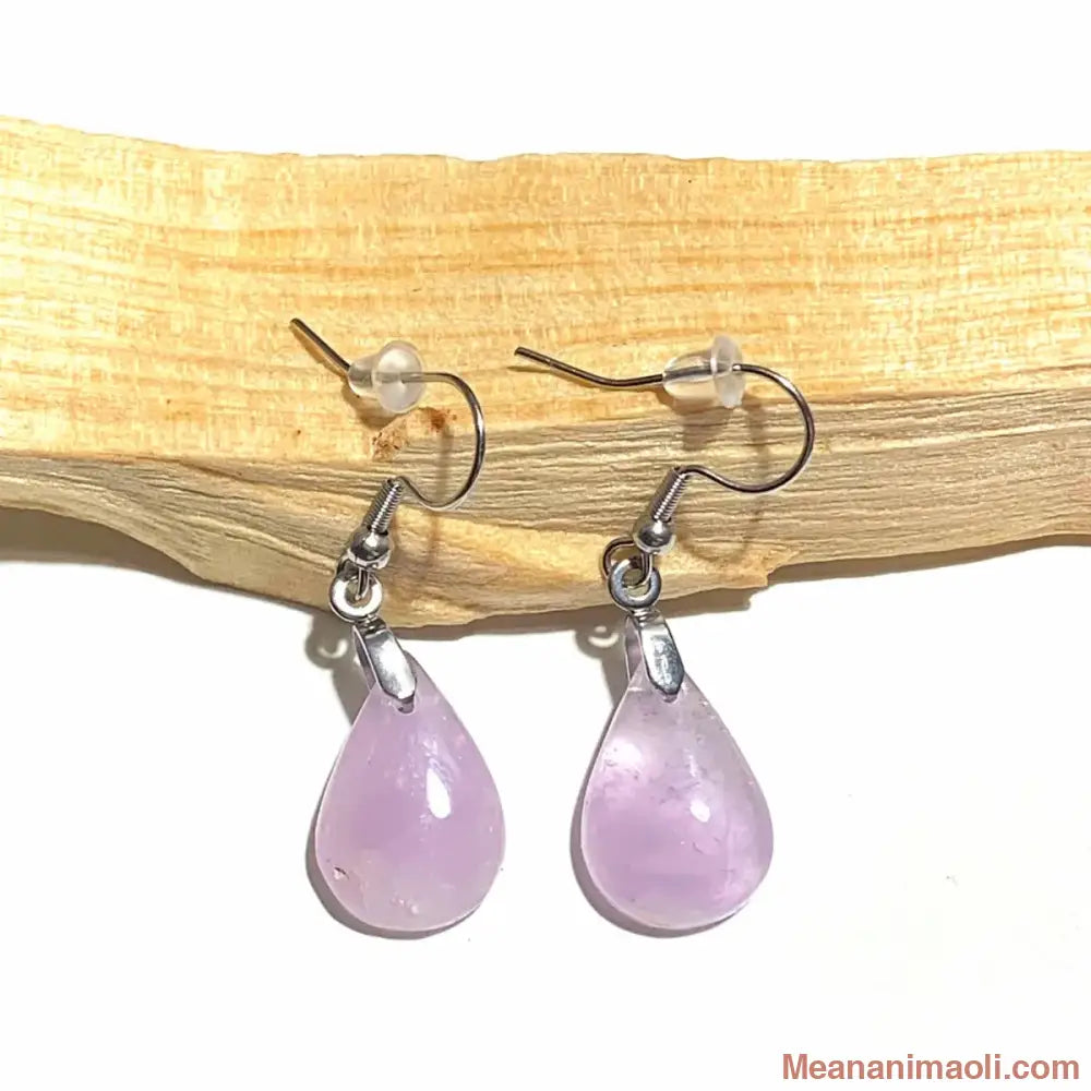 Paire de boucles d'oreilles pendantes en acier inoxydable argenté avec pierre naturelle Améthyste, posées sur un bâton de Palo Santo