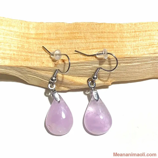 Paire de boucles d'oreilles pendantes en acier inoxydable argenté avec pierre naturelle Améthyste, posées sur un bâton de Palo Santo