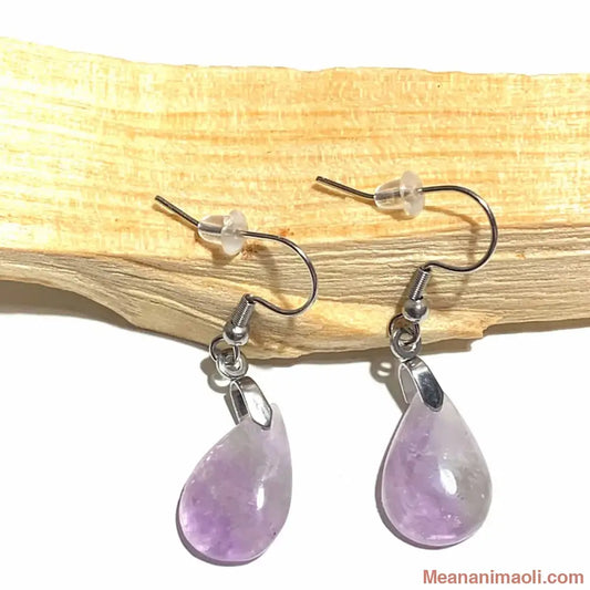 Paire de boucles d'oreilles élégantes en acier inoxydable argenté avec pierre naturelle Améthyste, posées sur un bâton de Palo Santo