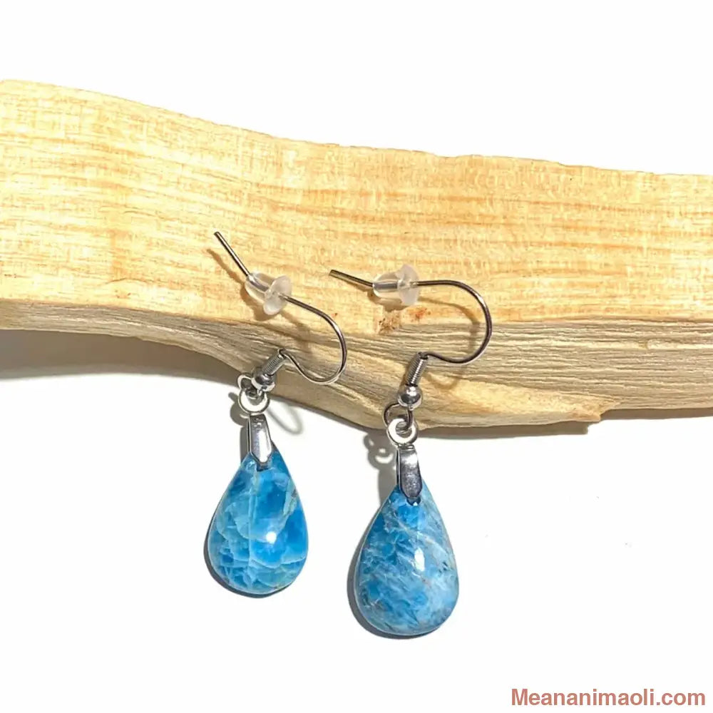 Paire de boucles d'oreilles pendantes en acier inoxydable argenté avec pierre naturelle Apatite, posées sur un bâton de Palo Santo