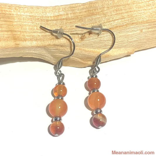 Paire de boucles d'oreilles en acier inoxydable argenté avec pierre naturelle Cornaline, posées sur un bâton de Palo Santo.