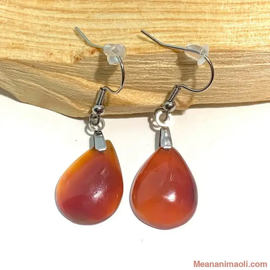 Paire de boucles d'oreilles simples en pierre naturelle Cornaline, acier inoxydable argenté, posées sur un bâton de Palo Santo