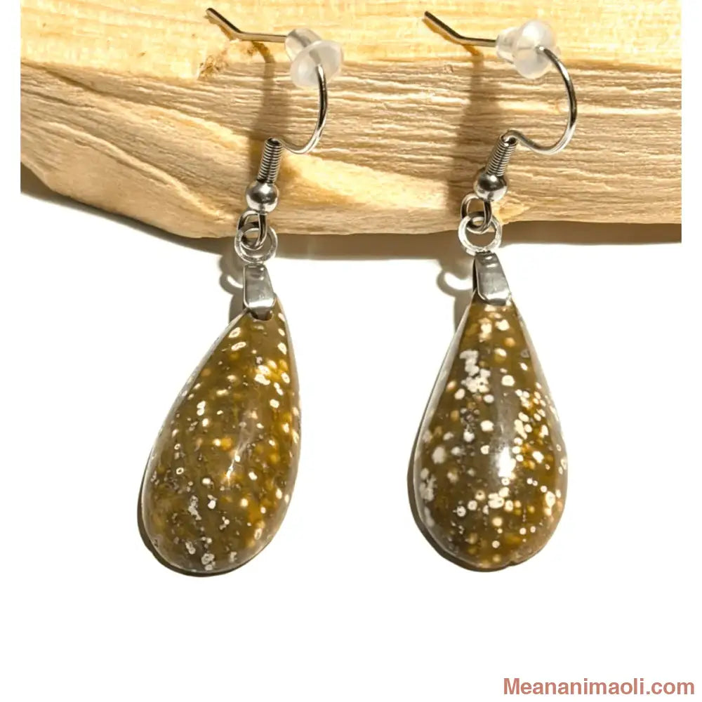 Paire de boucles d'oreilles pendantes en Jaspe Océan naturel en forme de goutte, motifs de bulles uniques, monture en acier inoxydable argenté, création MEANANIMAOLI.