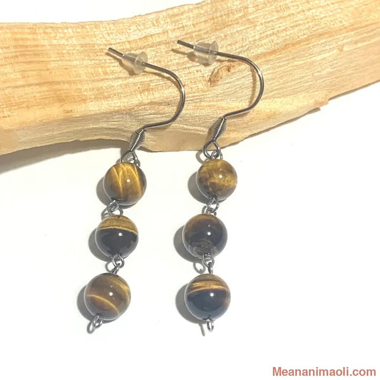 Paire de boucles d'oreilles en acier inoxydable argenté avec pierre naturelle Œil de Tigre, posées sur un bâton de Palo Santo