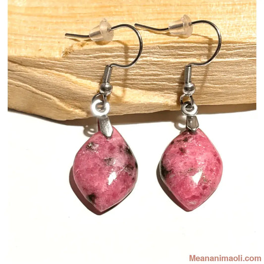 Boucles d'oreilles pendantes artisanales en Rhodonite naturelle et acier inoxydable argenté, marque MEANANIMAOLI.