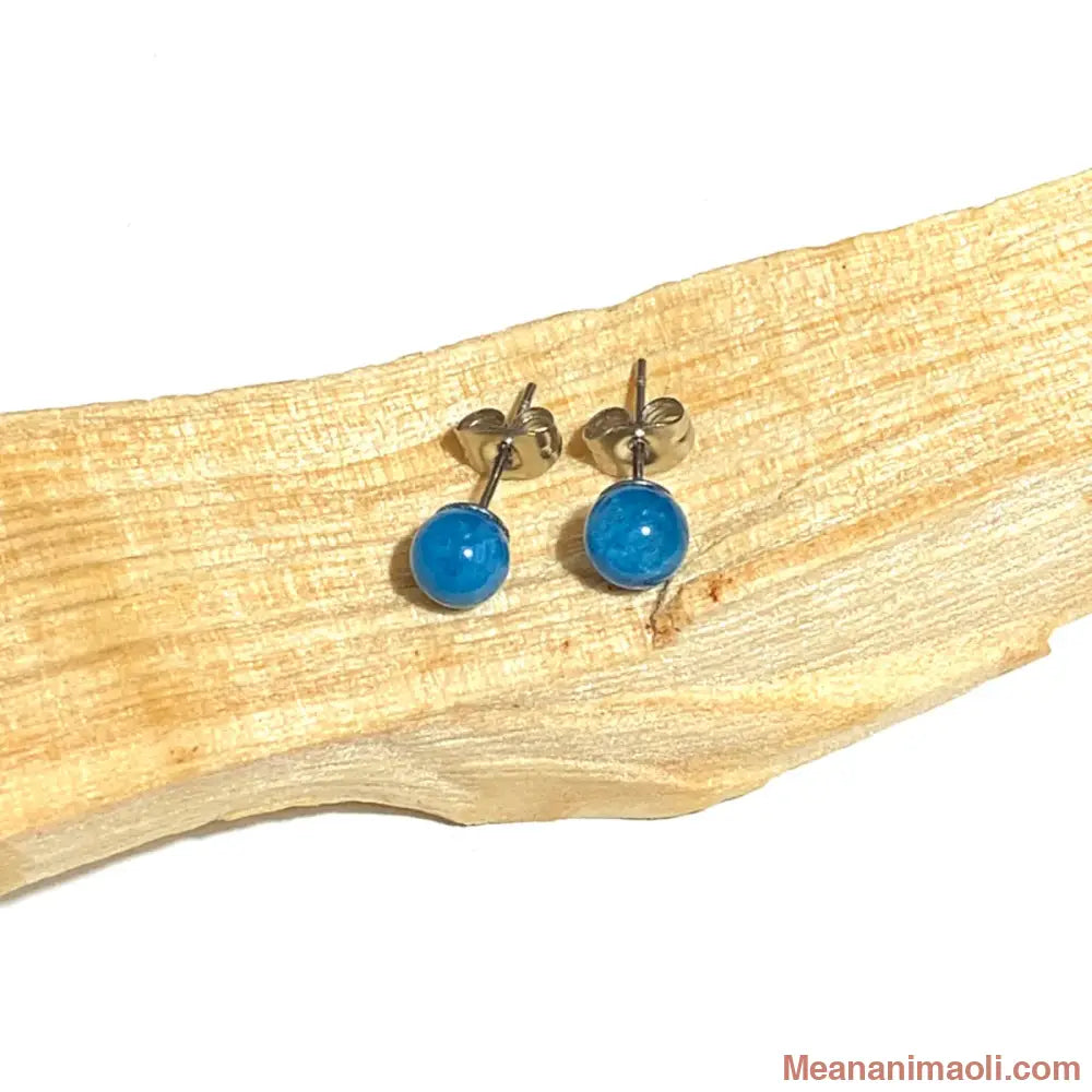 Paire de boucles d'oreilles en acier inoxydable argenté avec pierre naturelle Apatite, posées sur un bâton de Palo Santo