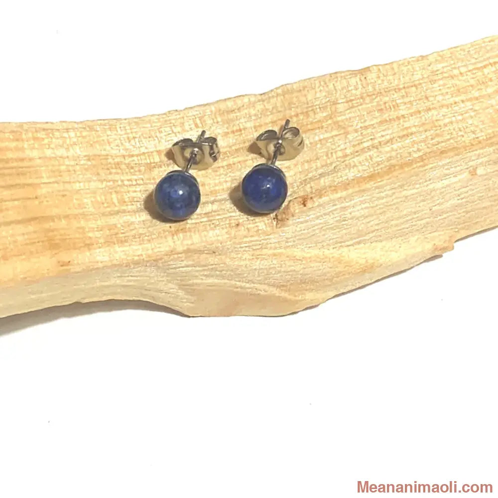 Paire de boucles d'oreilles en acier inoxydable argenté avec pierre naturelle Lapis-Lazuli, posées sur un bâton de Palo Santo