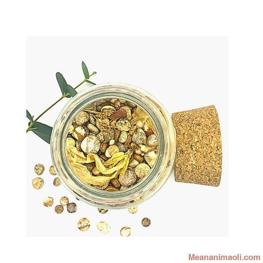 Décoration de la bougie Meananimaoli avec petits morceaux de Jaspe Paysage et fleurs séchées.