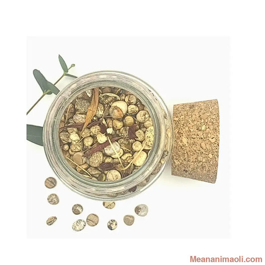 Décoration de la bougie Meananimaoli avec petits morceaux de Jaspe Paysage et fleurs séchées.