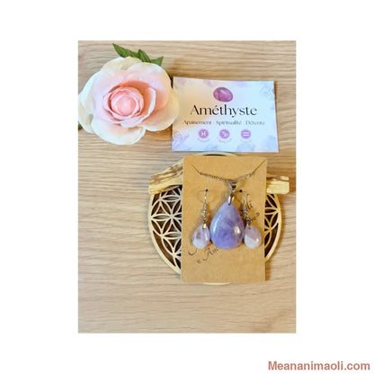 Parure de bijoux en améthyste violette avec collier pendentif goutte et boucles d'oreilles Meananimaoli.