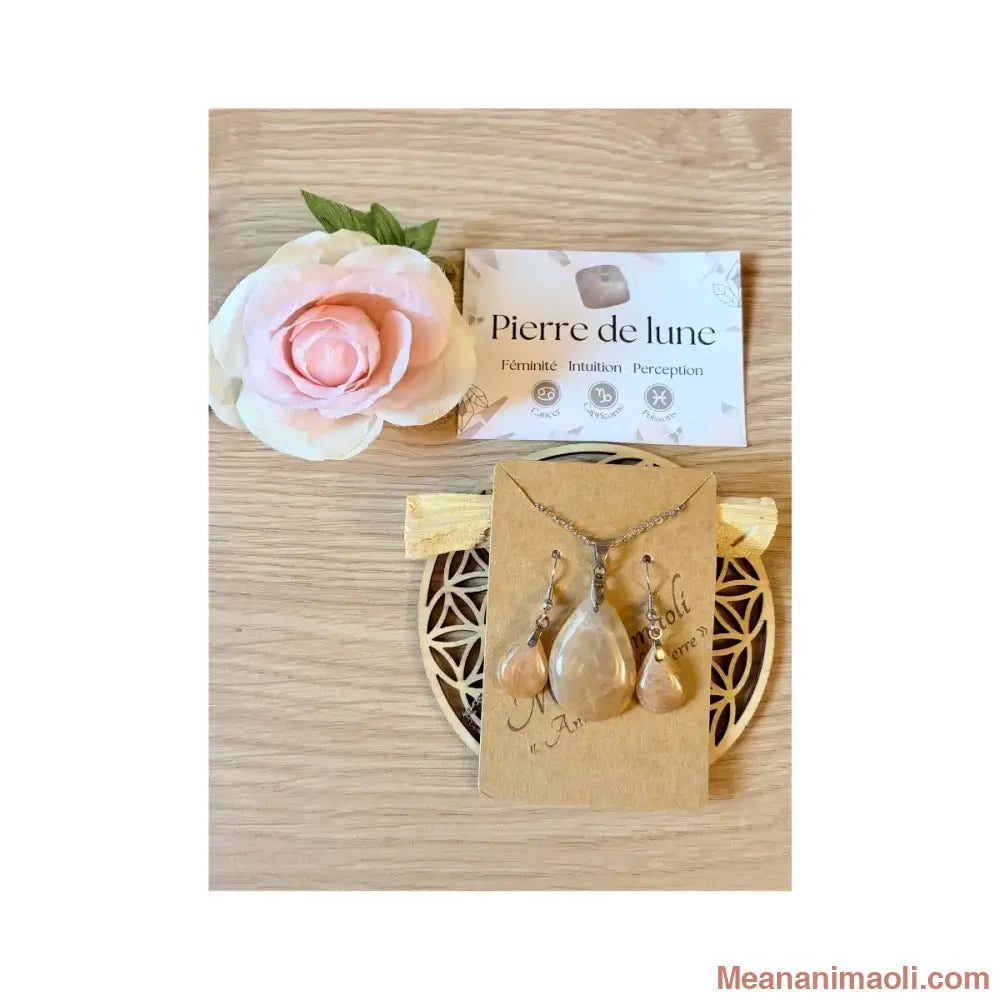 Parure de bijoux en pierre de lune pêche avec collier et boucles d'oreilles en acier inoxydable Meananimaoli.