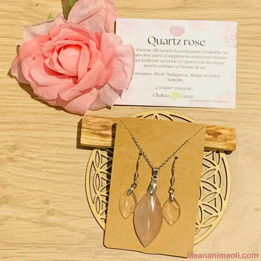 Box cadeau Quartz Rose avec parure bijoux acier inoxydable (collier et boucles d'oreilles), Fleur de Vie et Palo santo